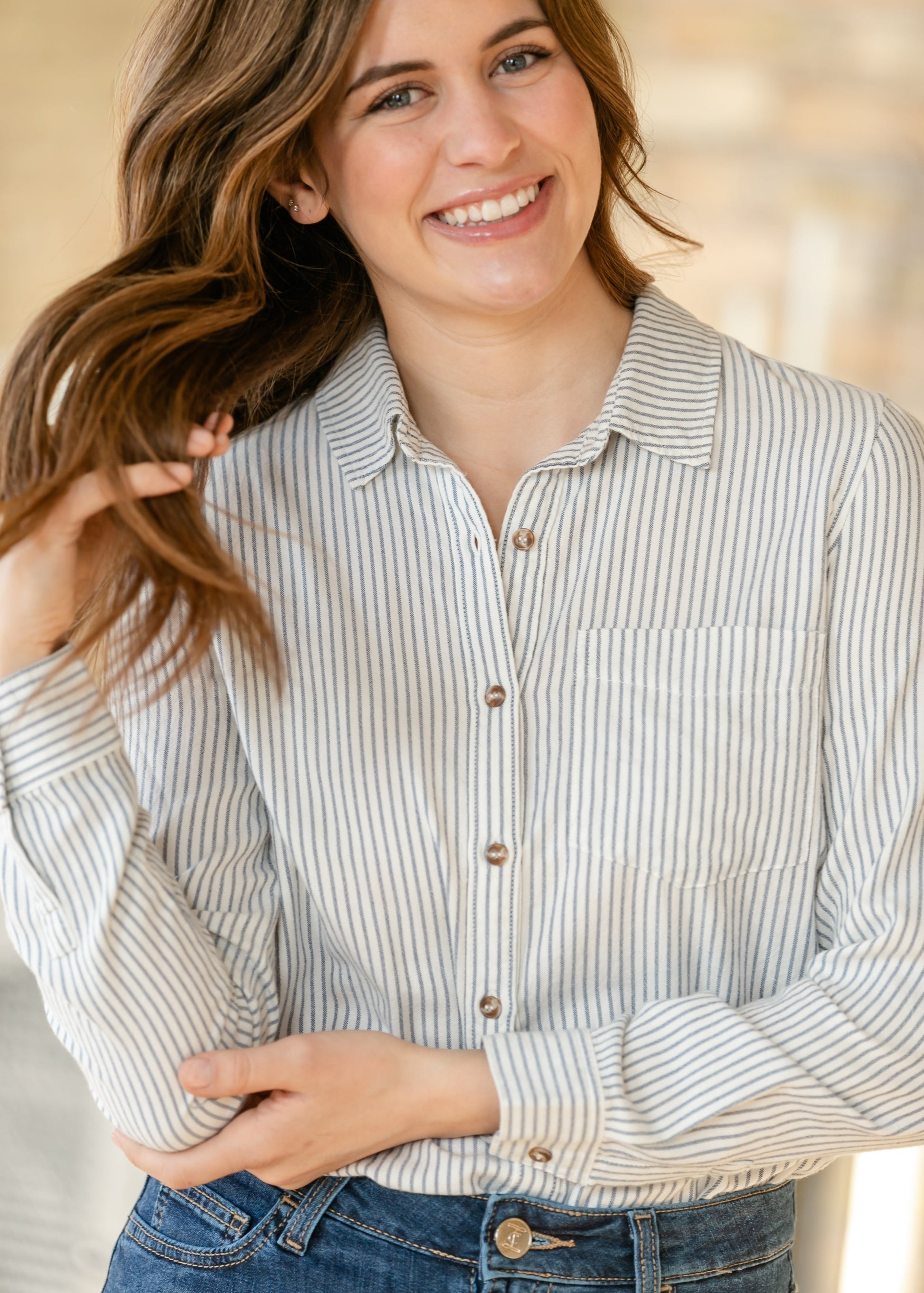 Pinstripe Cotton Button Up Top FF Tops