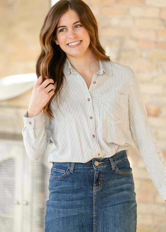 Pinstripe Cotton Button Up Top FF Tops