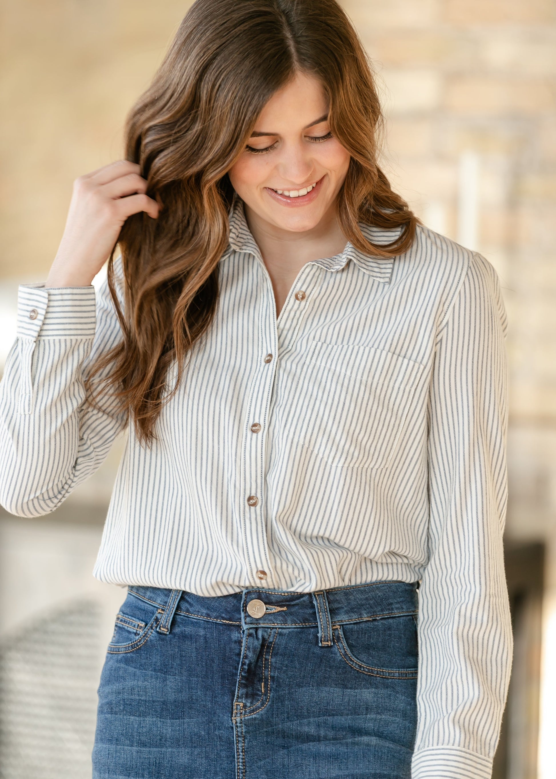 Pinstripe Cotton Button Up Top FF Tops