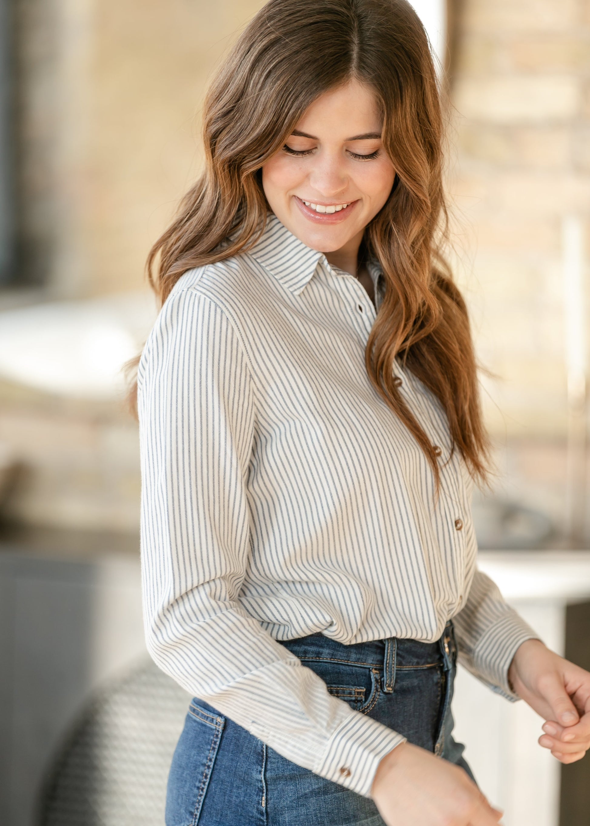 Pinstripe Cotton Button Up Top FF Tops