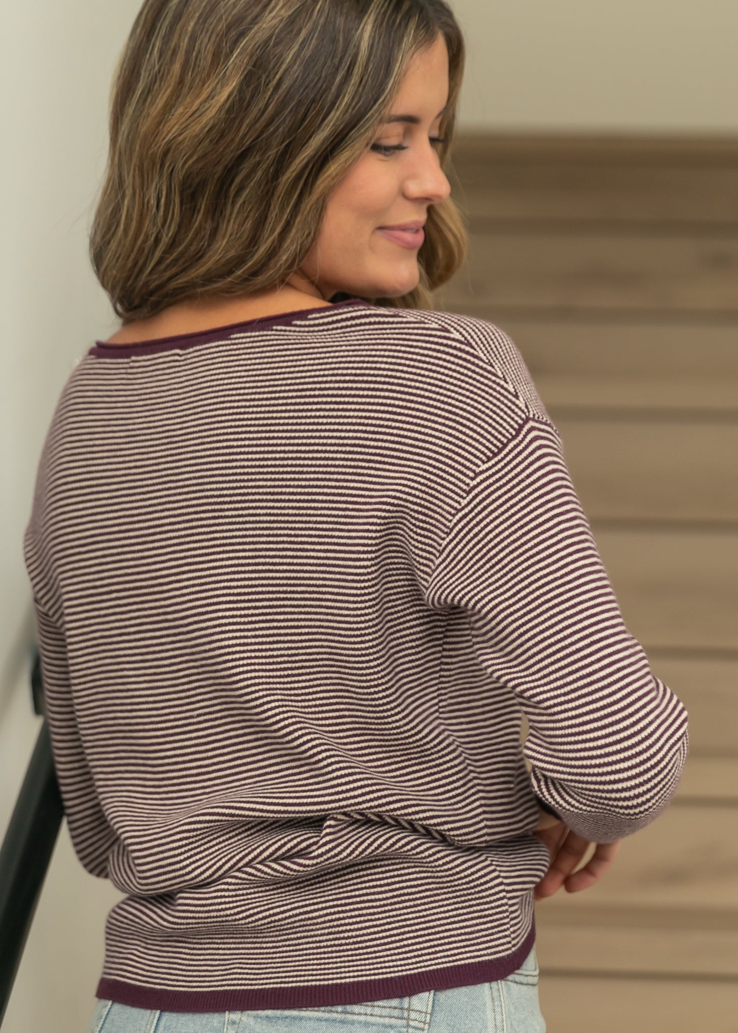 Pinstripe Crew Neck Long Sleeve Top FF Tops