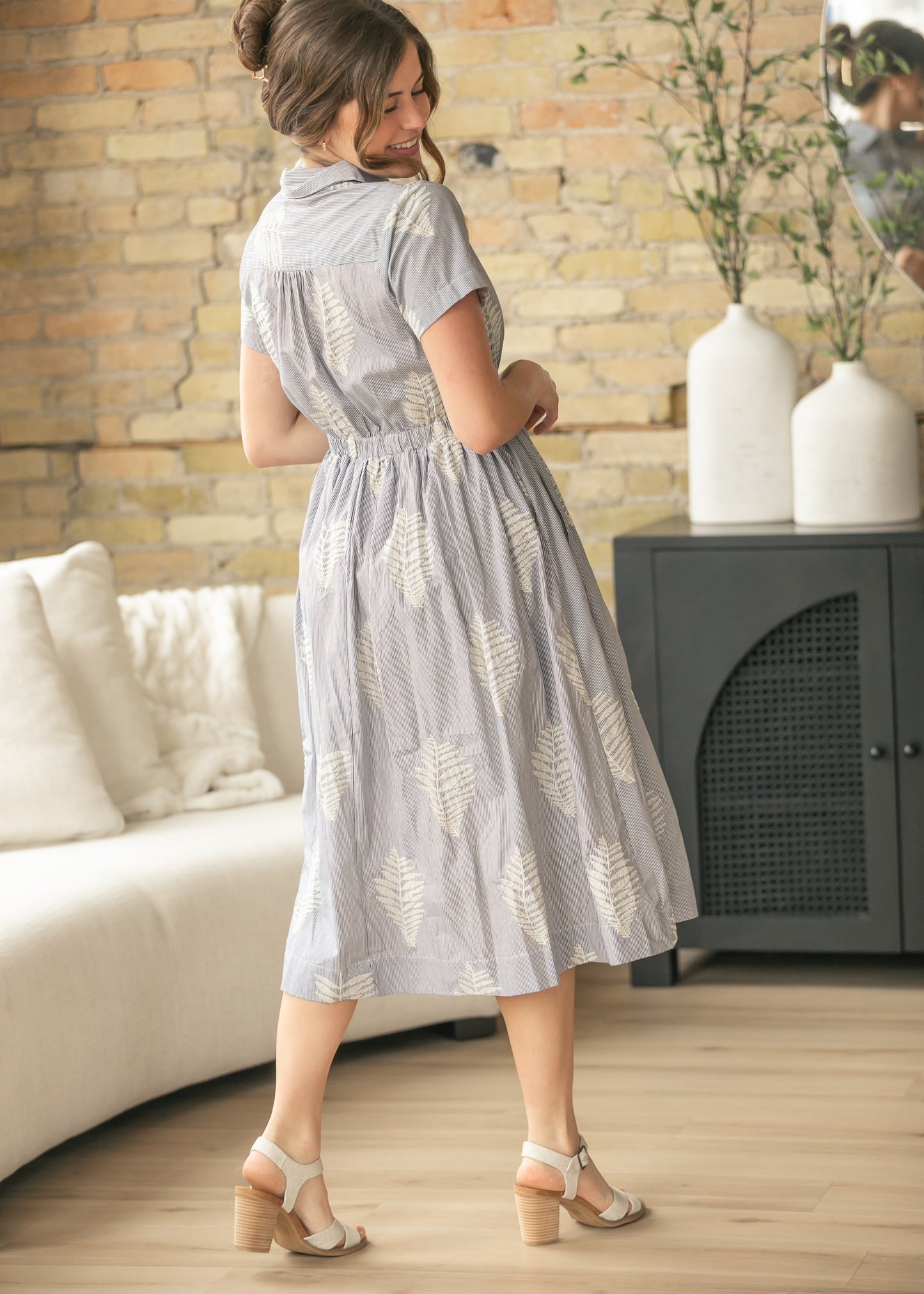 Pinstripe Embroidered Midi Dress FF Dresses