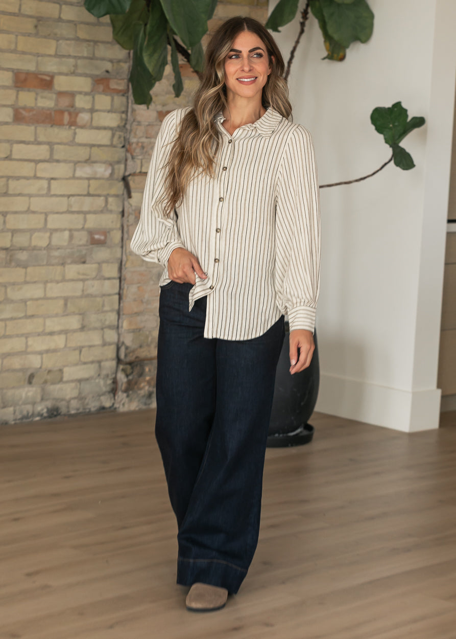 Pinstripe Relaxed Fit Long Sleeve Top FF Tops