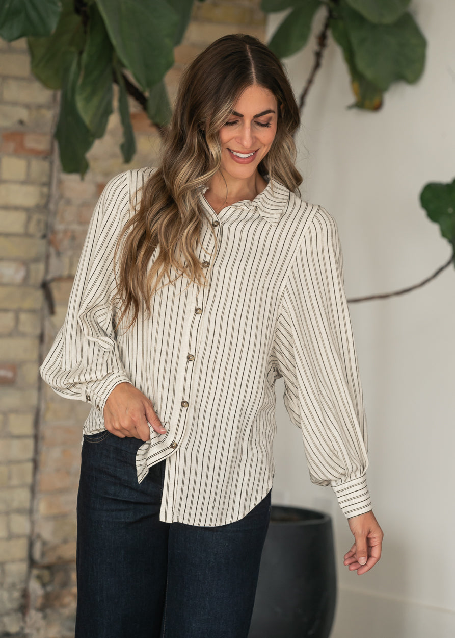 Pinstripe Relaxed Fit Long Sleeve Top FF Tops