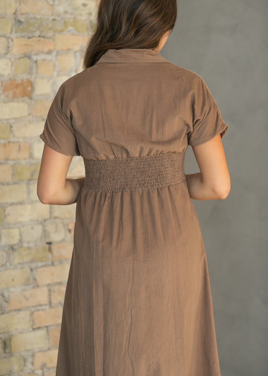 Pintucked Mocha Corduroy Button Dress FF Dresses