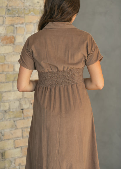Pintucked Mocha Corduroy Button Dress FF Dresses