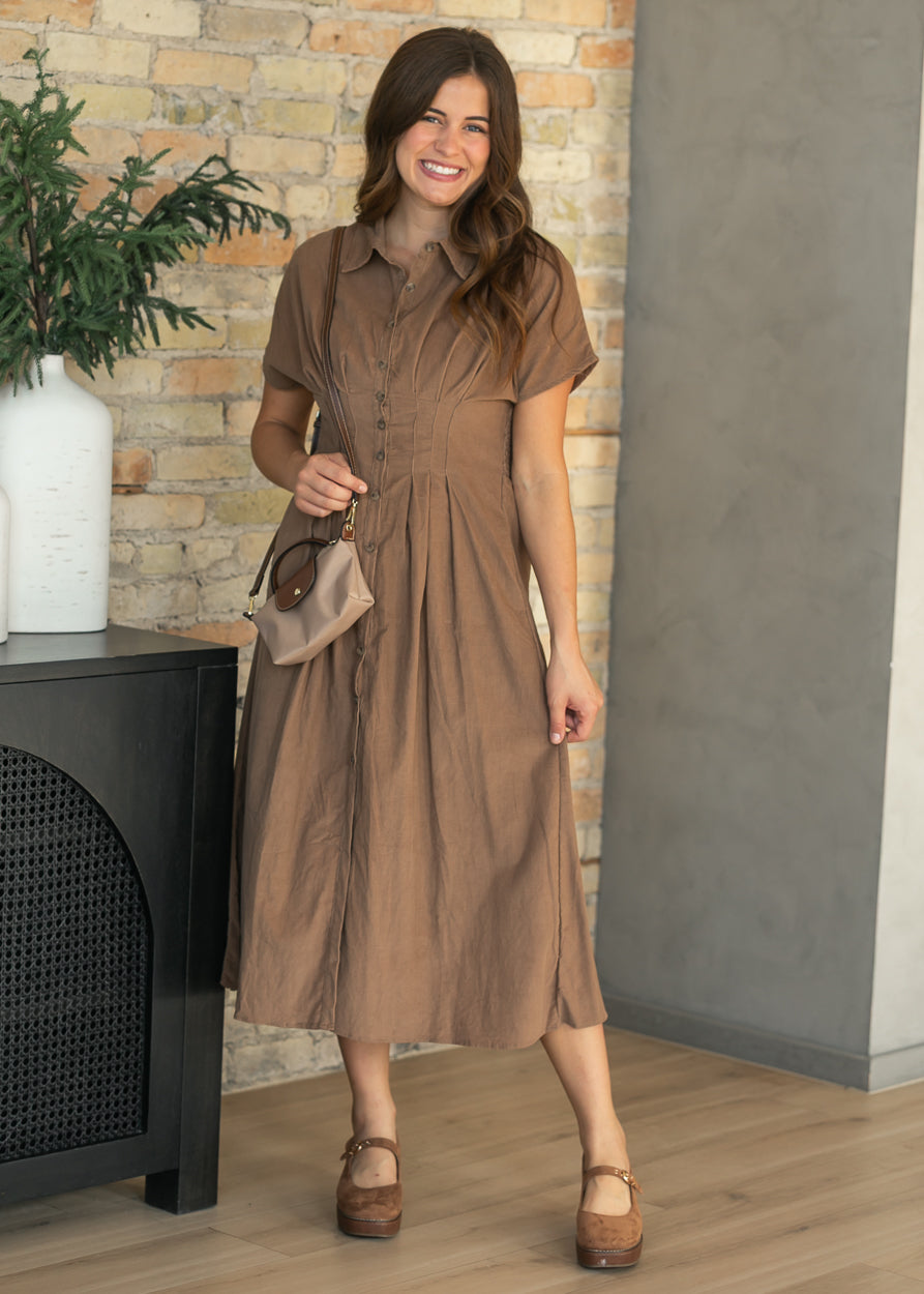 Pintucked Mocha Corduroy Button Dress FF Dresses S
