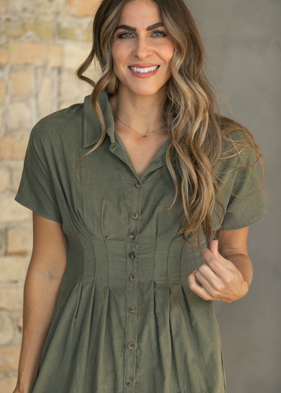 Pintucked Olive Corduroy Button Dress FF Dresses
