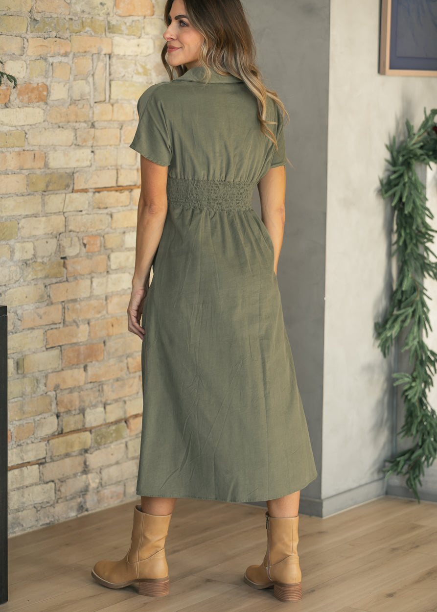 Pintucked Olive Corduroy Button Dress FF Dresses