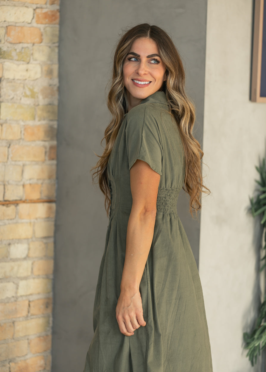 Pintucked Olive Corduroy Button Dress FF Dresses