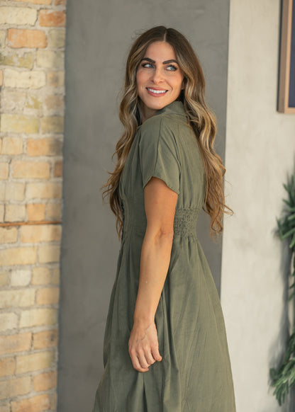 Pintucked Olive Corduroy Button Dress FF Dresses
