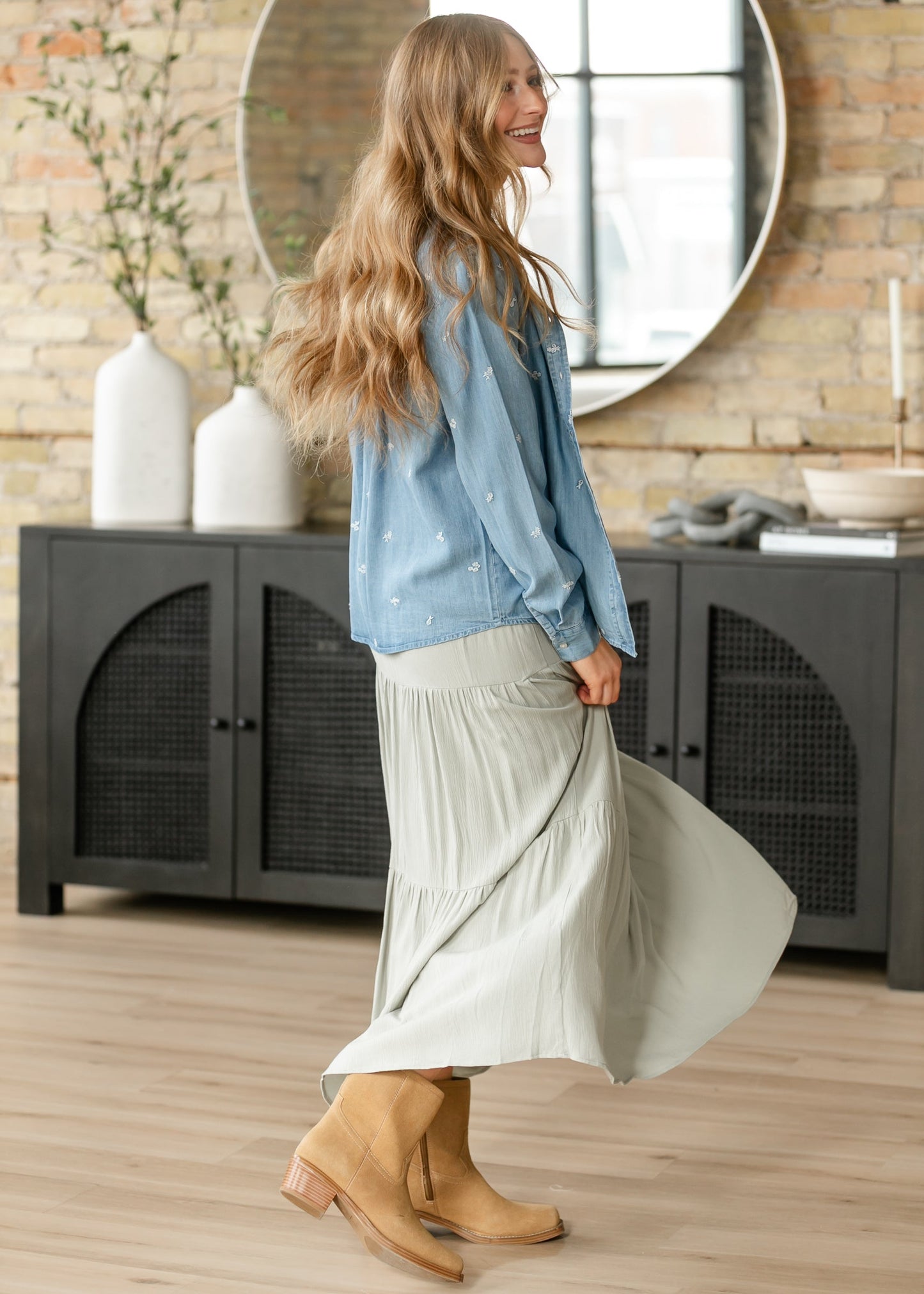 Pistachio Smocked Waist Tiered Maxi Skirt FF Skirts