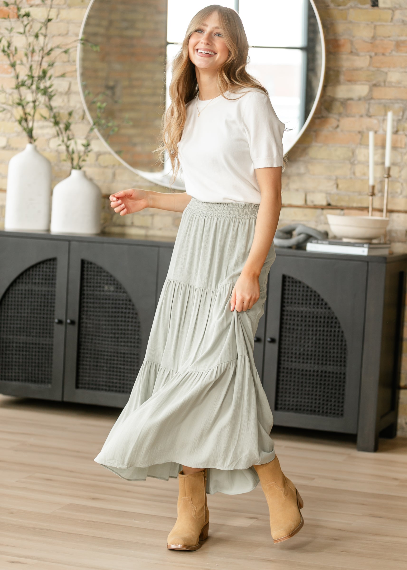 Pistachio Smocked Waist Tiered Maxi Skirt FF Skirts