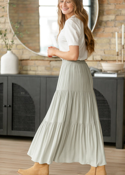 Pistachio Smocked Waist Tiered Maxi Skirt FF Skirts