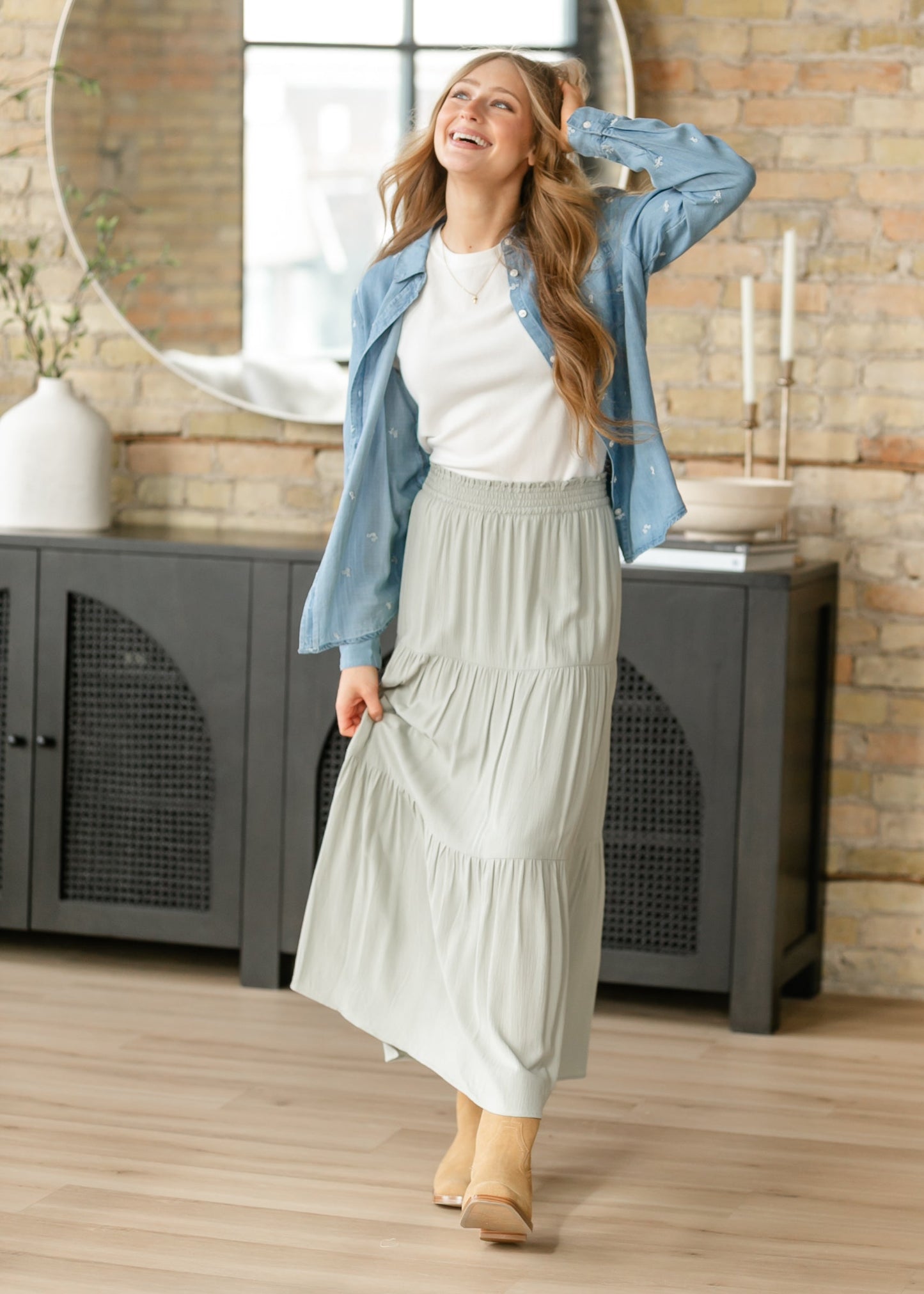 Pistachio Smocked Waist Tiered Maxi Skirt FF Skirts