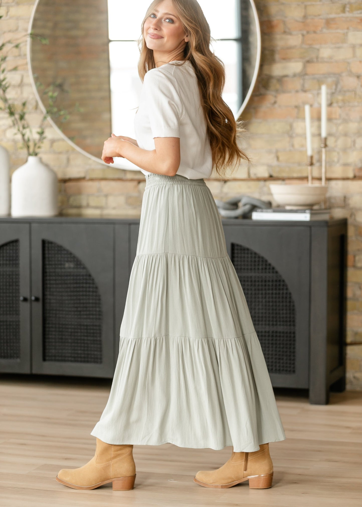 Pistachio Smocked Waist Tiered Maxi Skirt FF Skirts