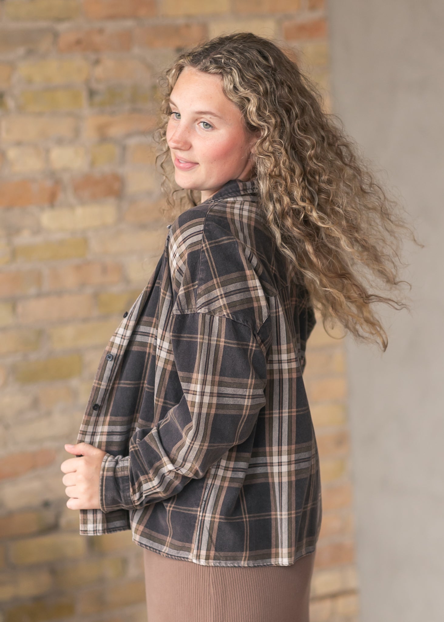 Plaid Button Down Long Sleeve Shirt FF Tops