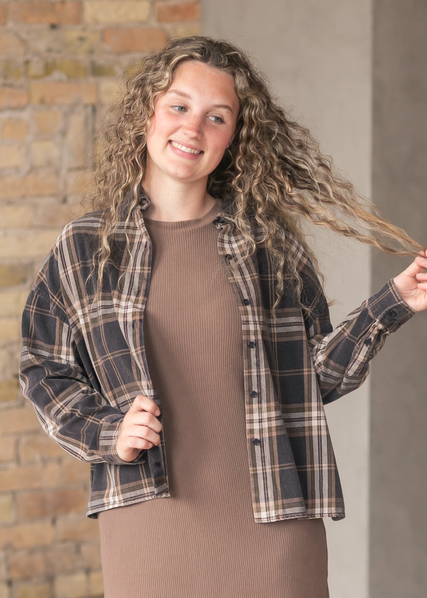 Plaid Button Down Long Sleeve Shirt FF Tops