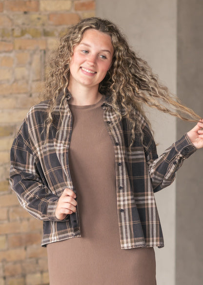 Plaid Button Down Long Sleeve Shirt FF Tops