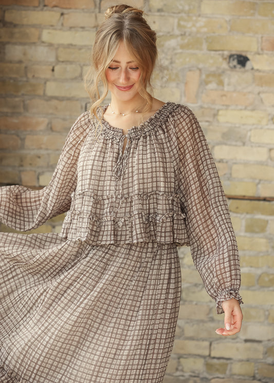 Plaid Front Tie Puff Sleeve Top FF Tops