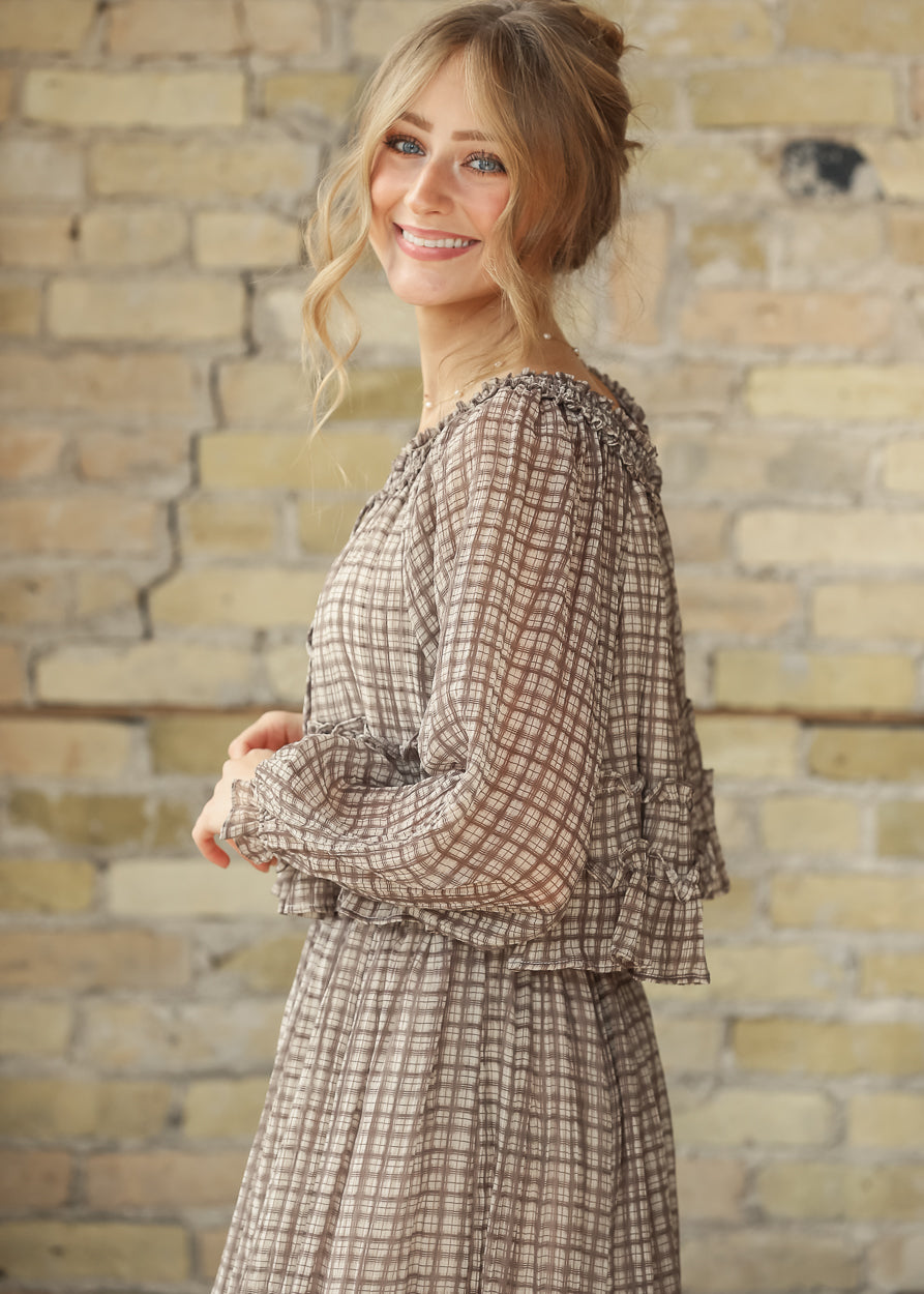 Plaid Front Tie Puff Sleeve Top FF Tops