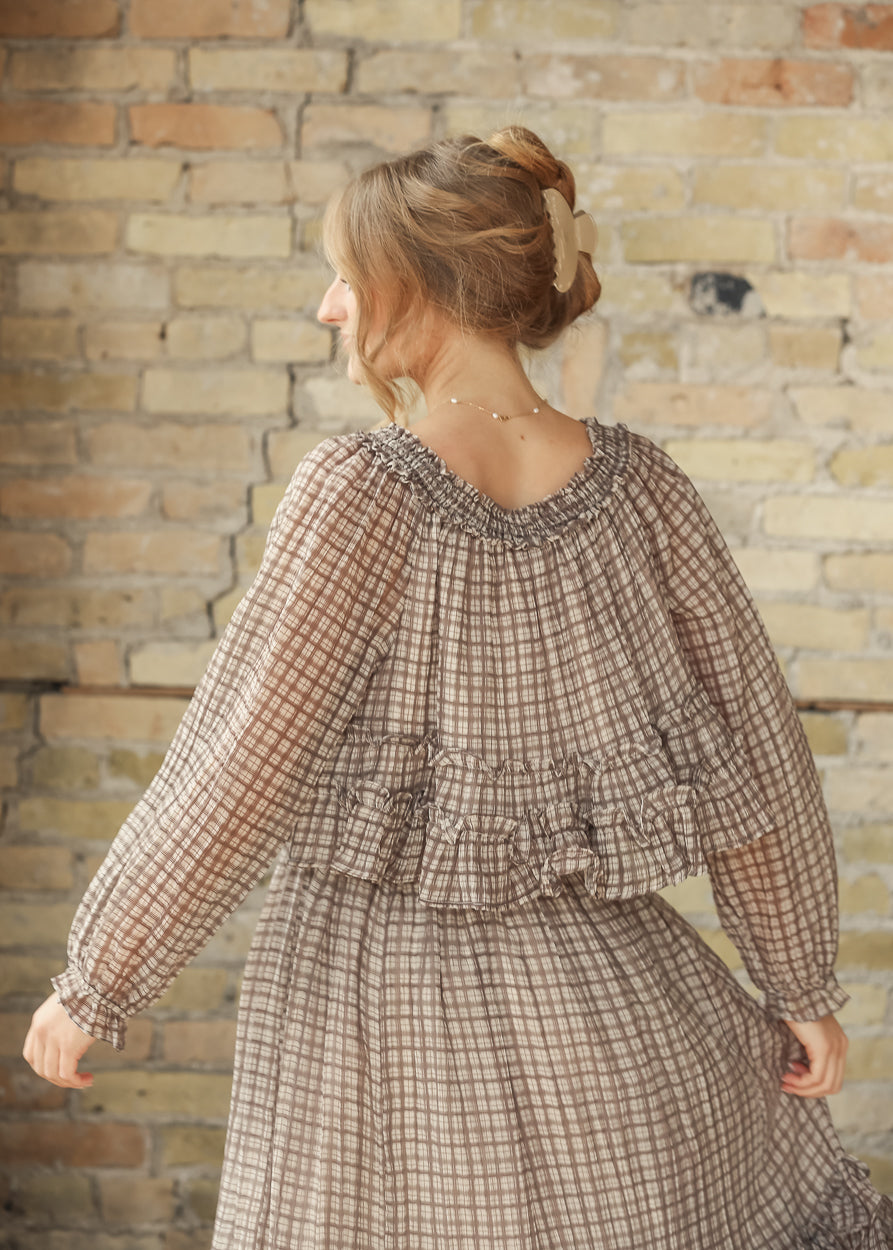 Plaid Front Tie Puff Sleeve Top FF Tops