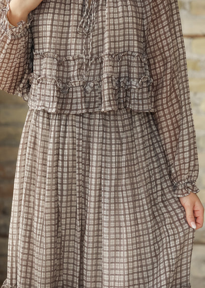 Plaid Front Tie Puff Sleeve Top FF Tops