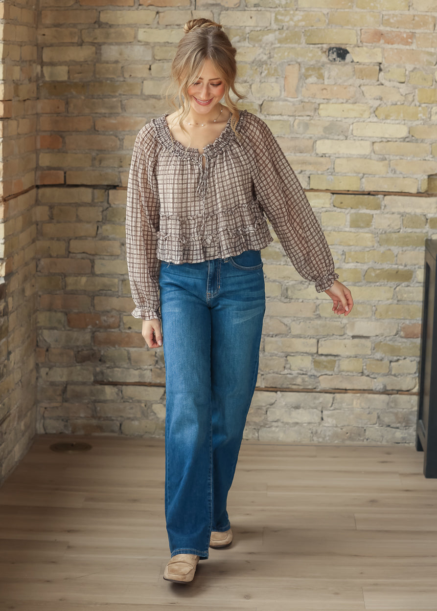 Plaid Front Tie Puff Sleeve Top FF Tops