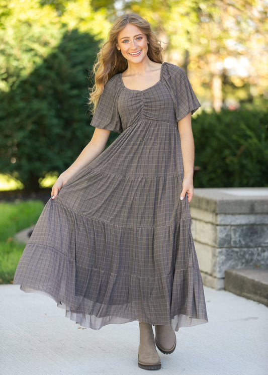 Plaid Mesh Tiered Maxi Dress FF Dresses