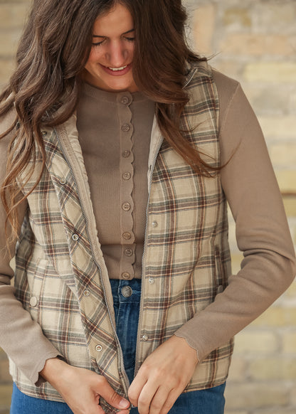 Plaid Mock Neck Puffer Vest FF Tops