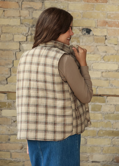 Plaid Mock Neck Puffer Vest FF Tops