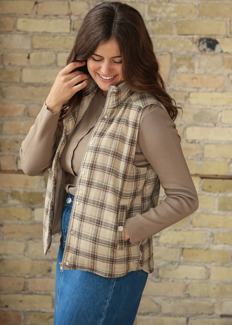 Plaid Mock Neck Puffer Vest FF Tops