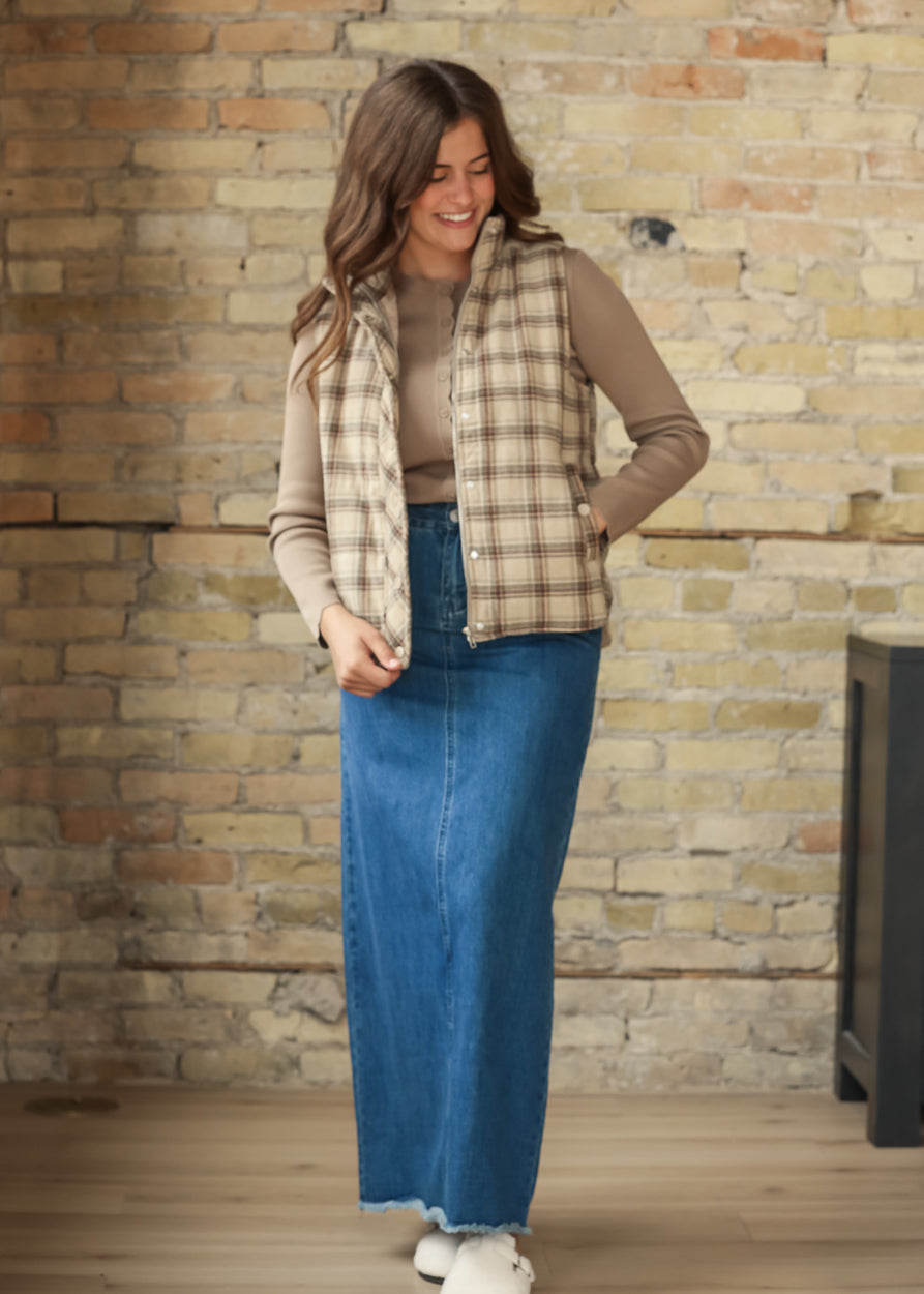 Plaid Mock Neck Puffer Vest FF Tops