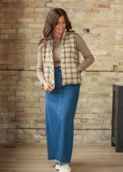Plaid Mock Neck Puffer Vest FF Tops