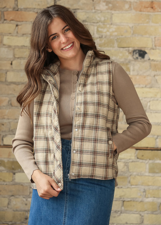Plaid Mock Neck Puffer Vest FF Tops S