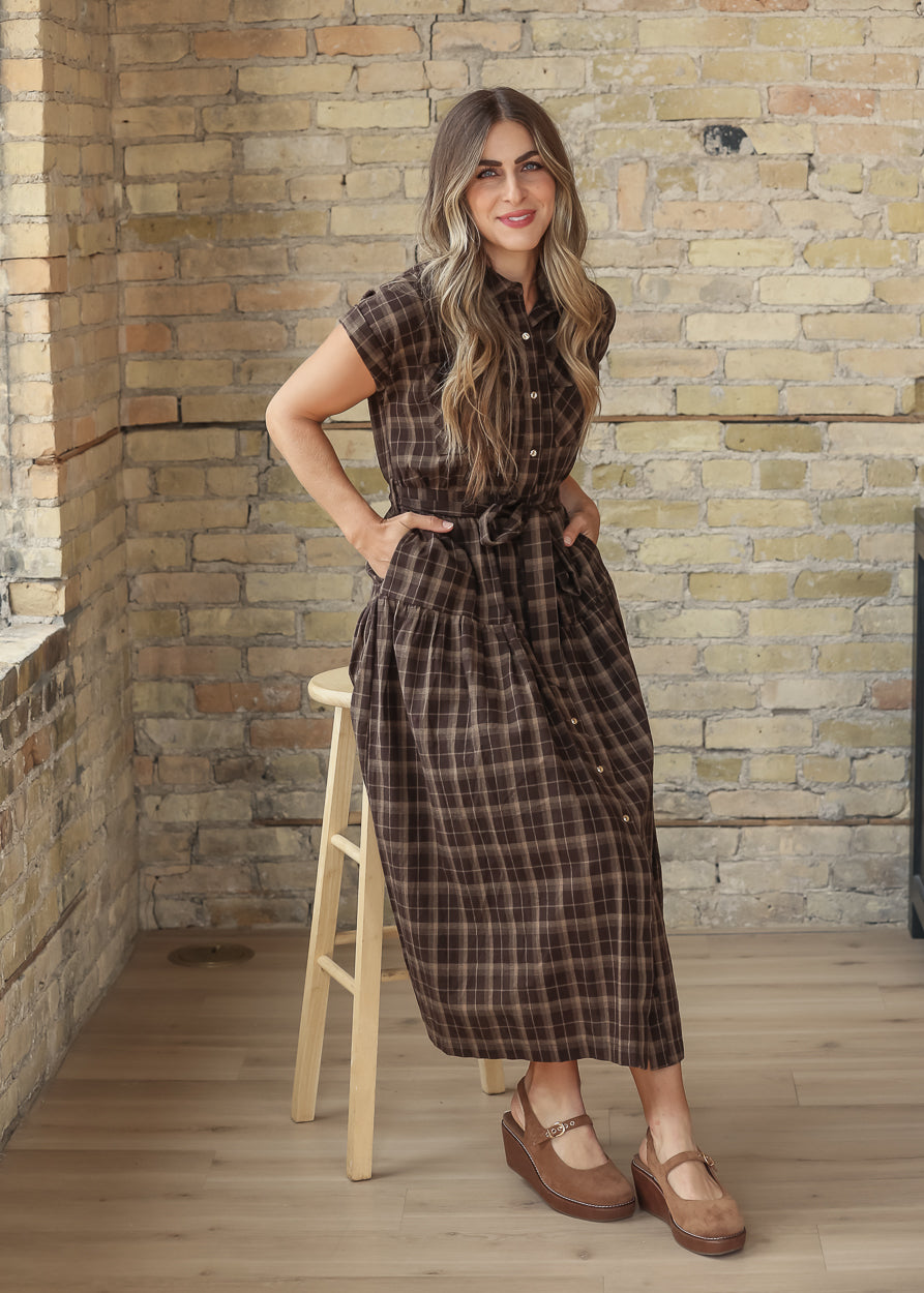 Plaid Pocket Short Sleeve Midi Dress FF Dresses