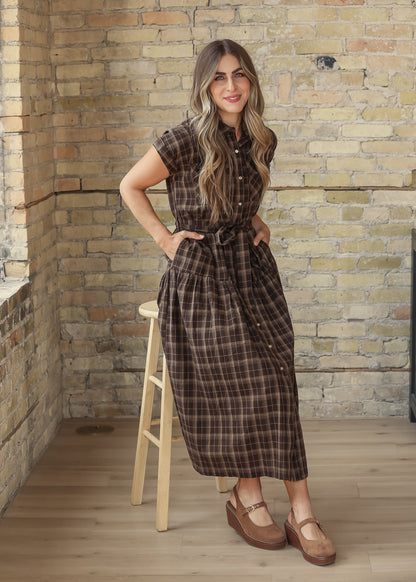 Plaid Pocket Short Sleeve Midi Dress FF Dresses