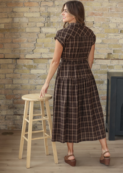 Plaid Pocket Short Sleeve Midi Dress FF Dresses