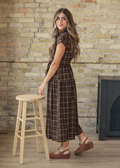 Plaid Pocket Short Sleeve Midi Dress FF Dresses