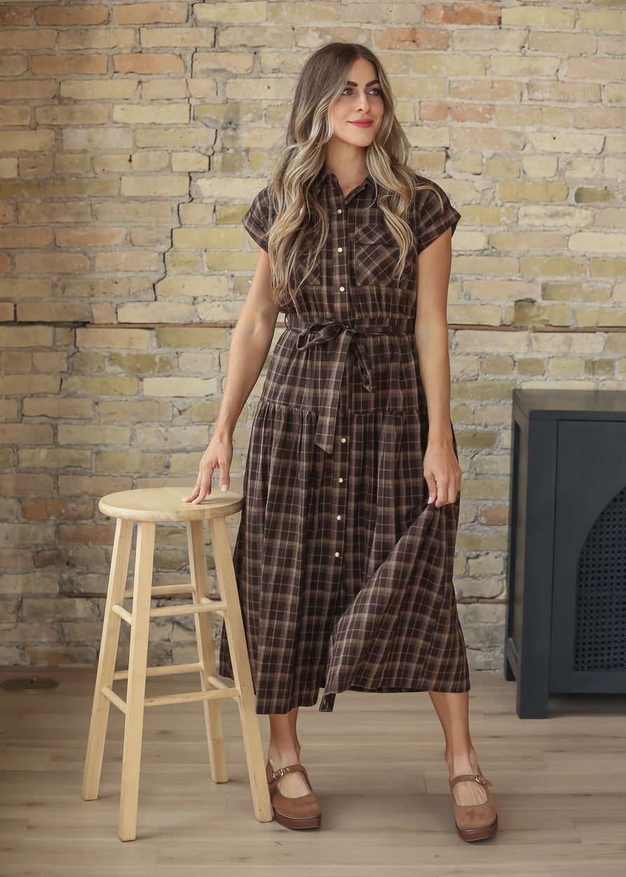 Plaid Pocket Short Sleeve Midi Dress FF Dresses XS