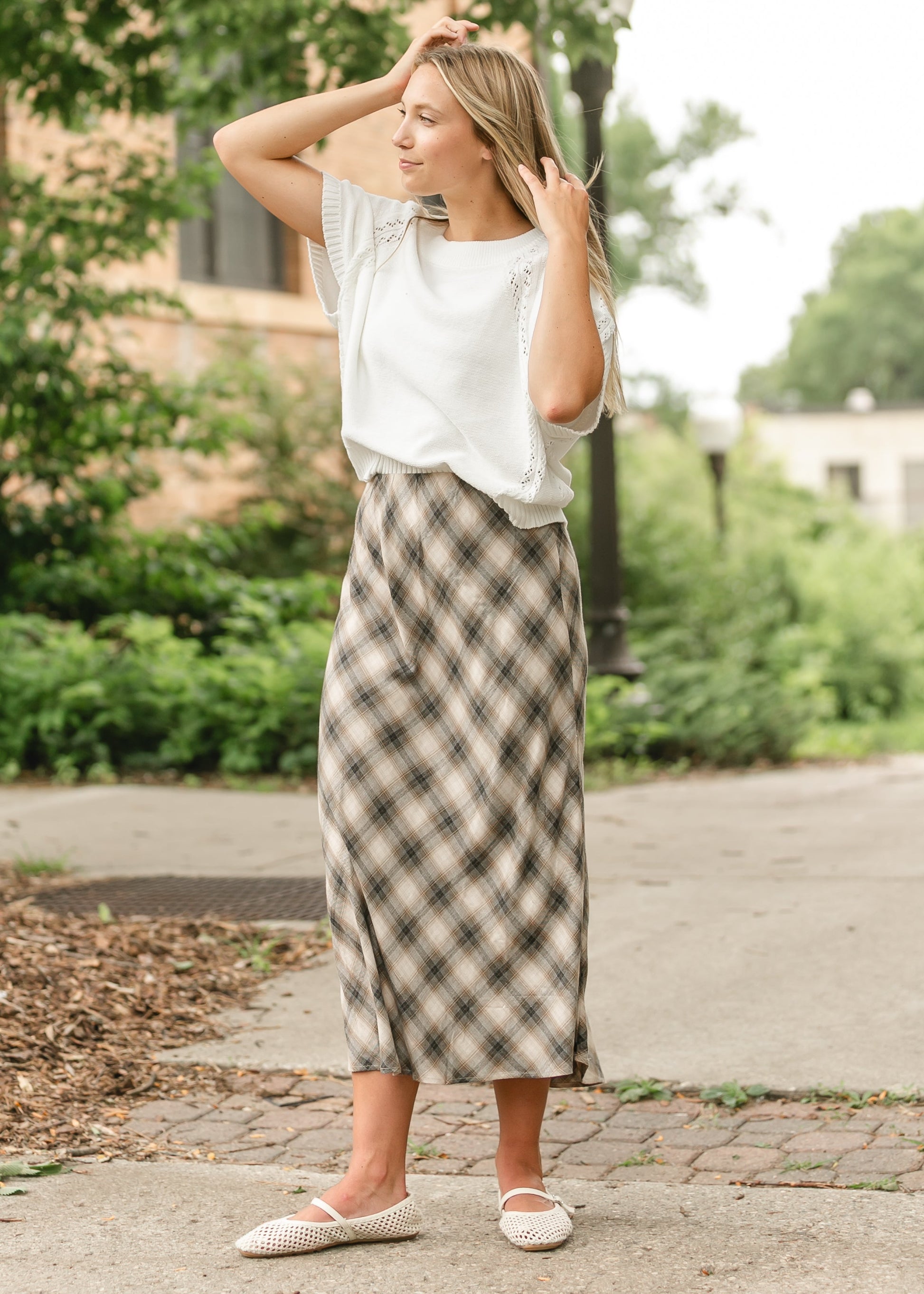 Plaid Print Flowy Midi Skirt FF Skirts