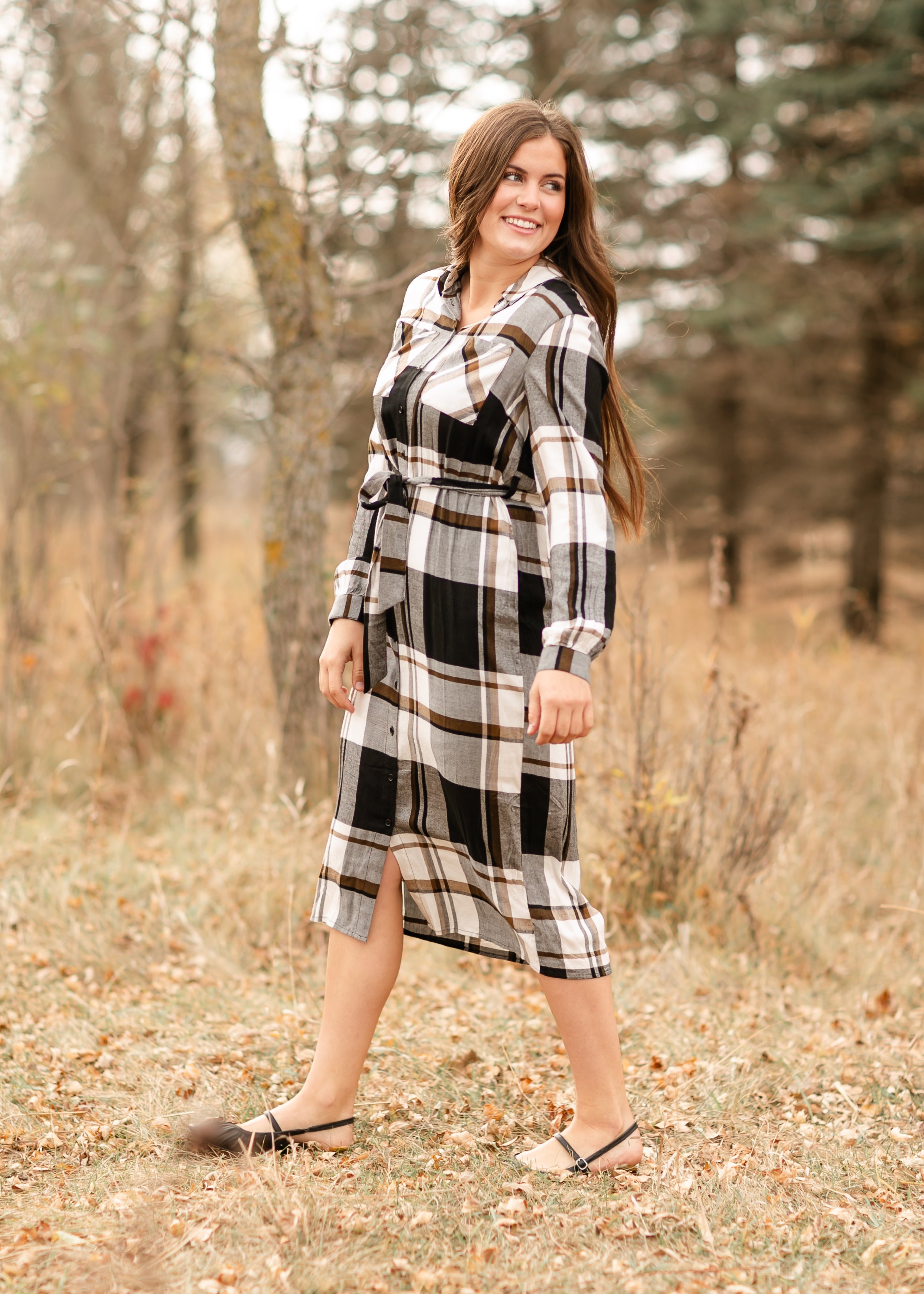 Plaid Print Midi Shirt Dress