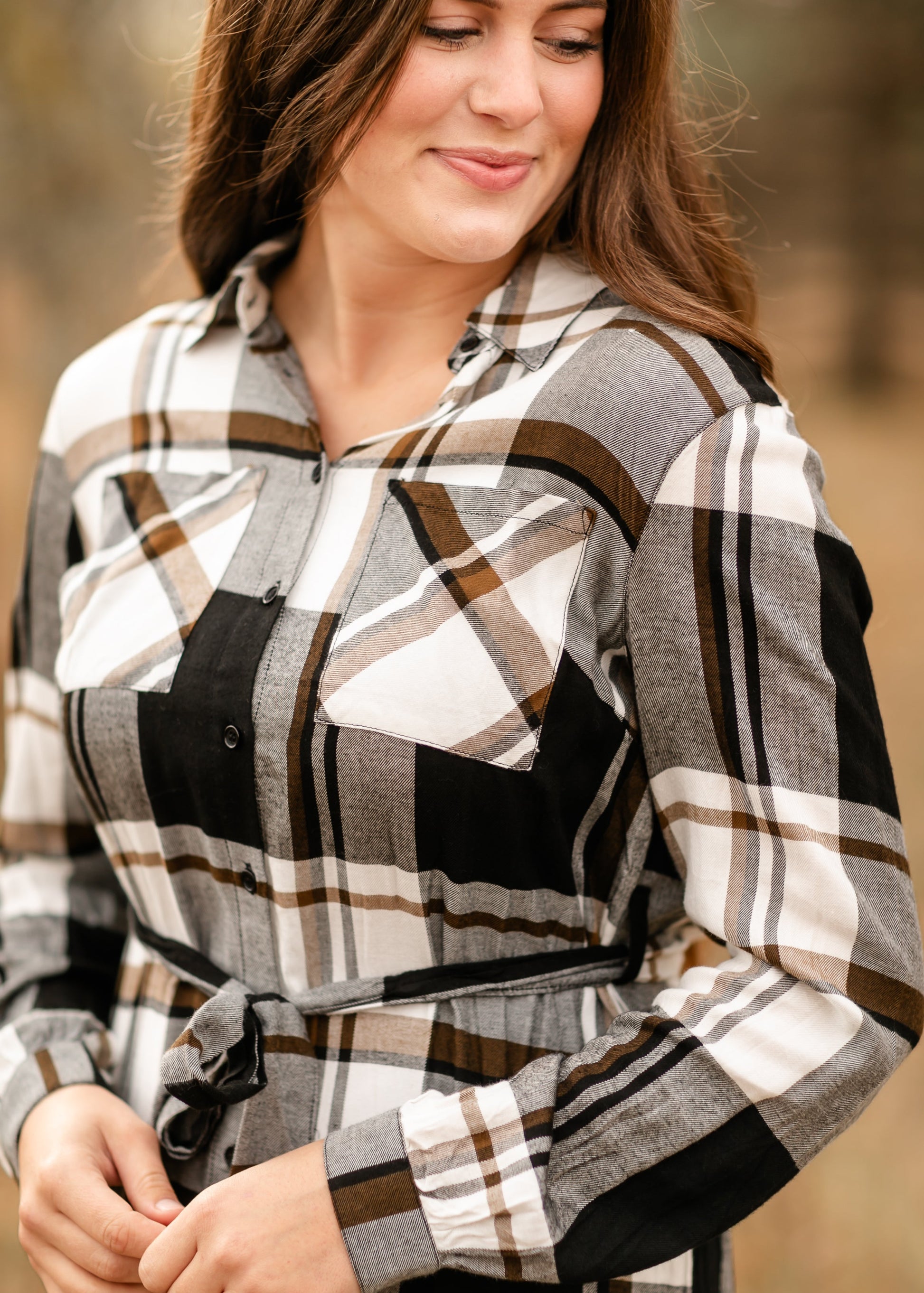 plaid shirt dress midi Dylin Plaid Wrap Tie Midi Shirt Dress in Olive