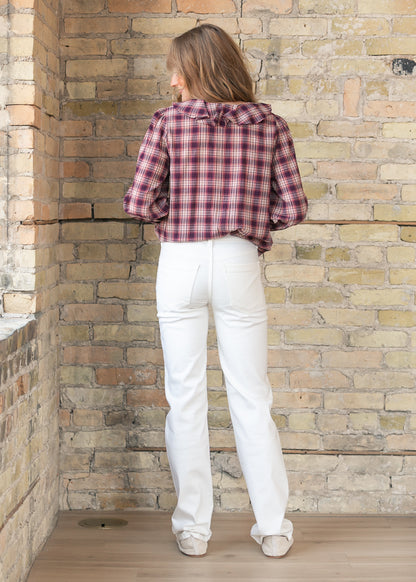 Plaid Print Ruffle Detail V-Neck Long Sleeve Blouse FF Tops