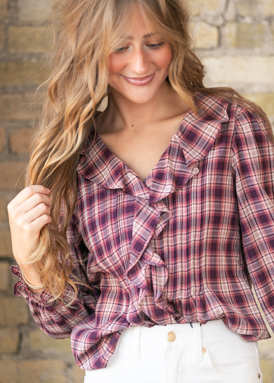 Plaid Print Ruffle Detail V-Neck Long Sleeve Blouse FF Tops
