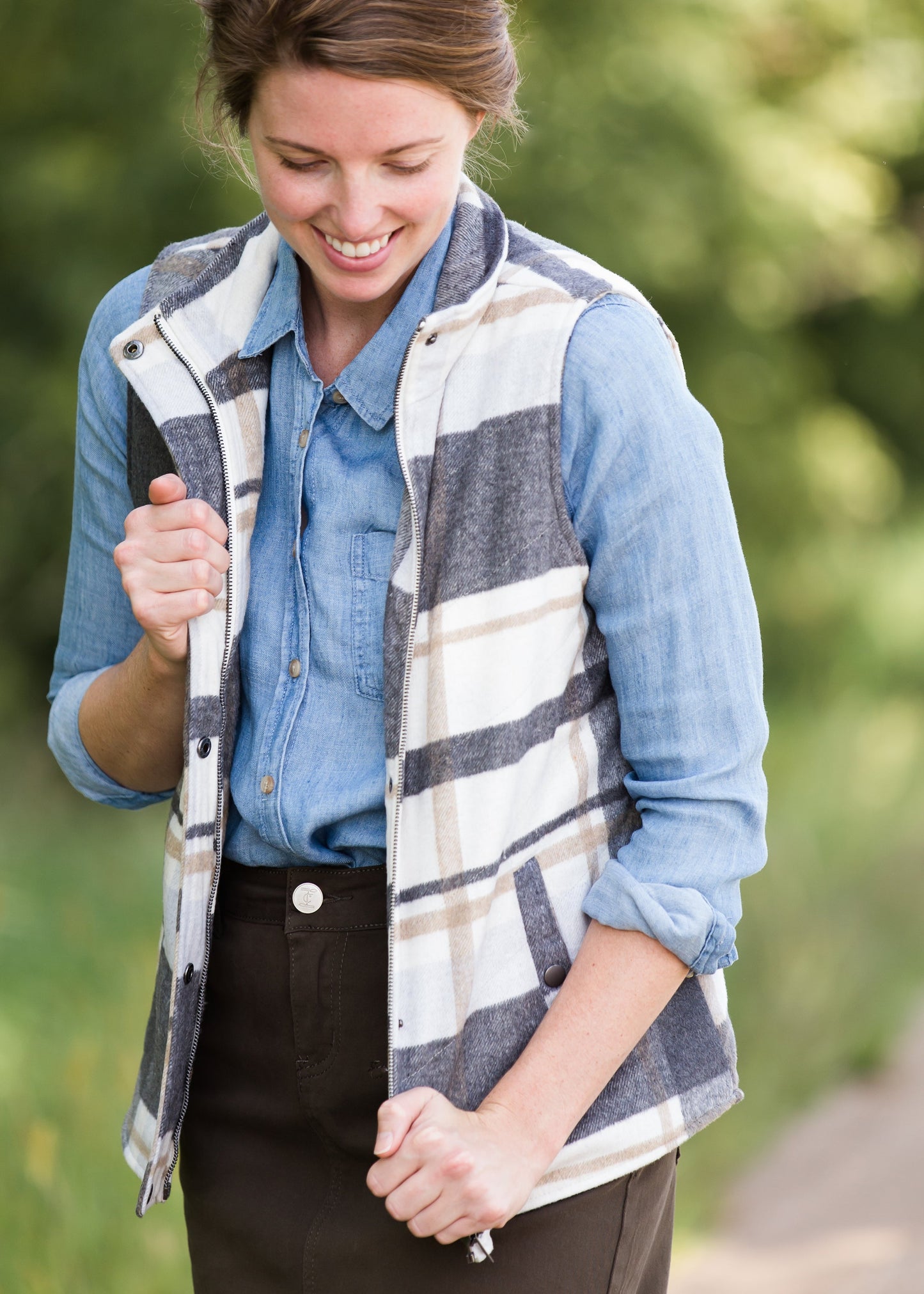 Plaid Print Sherpa Lined Vest FF Tops