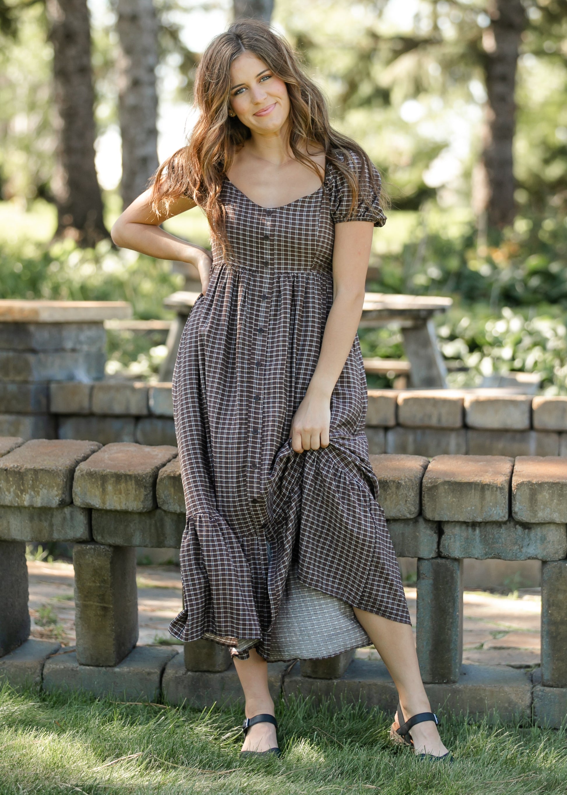 Plaid Puff Sleeve Maxi Dress FF Dresses