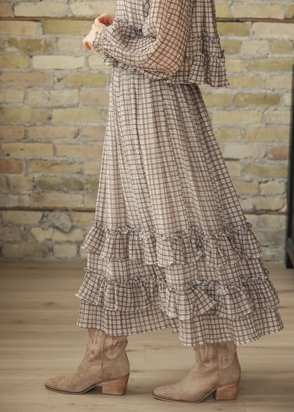 Plaid Ruffle Tiered Brown Midi Skirt FF Skirts