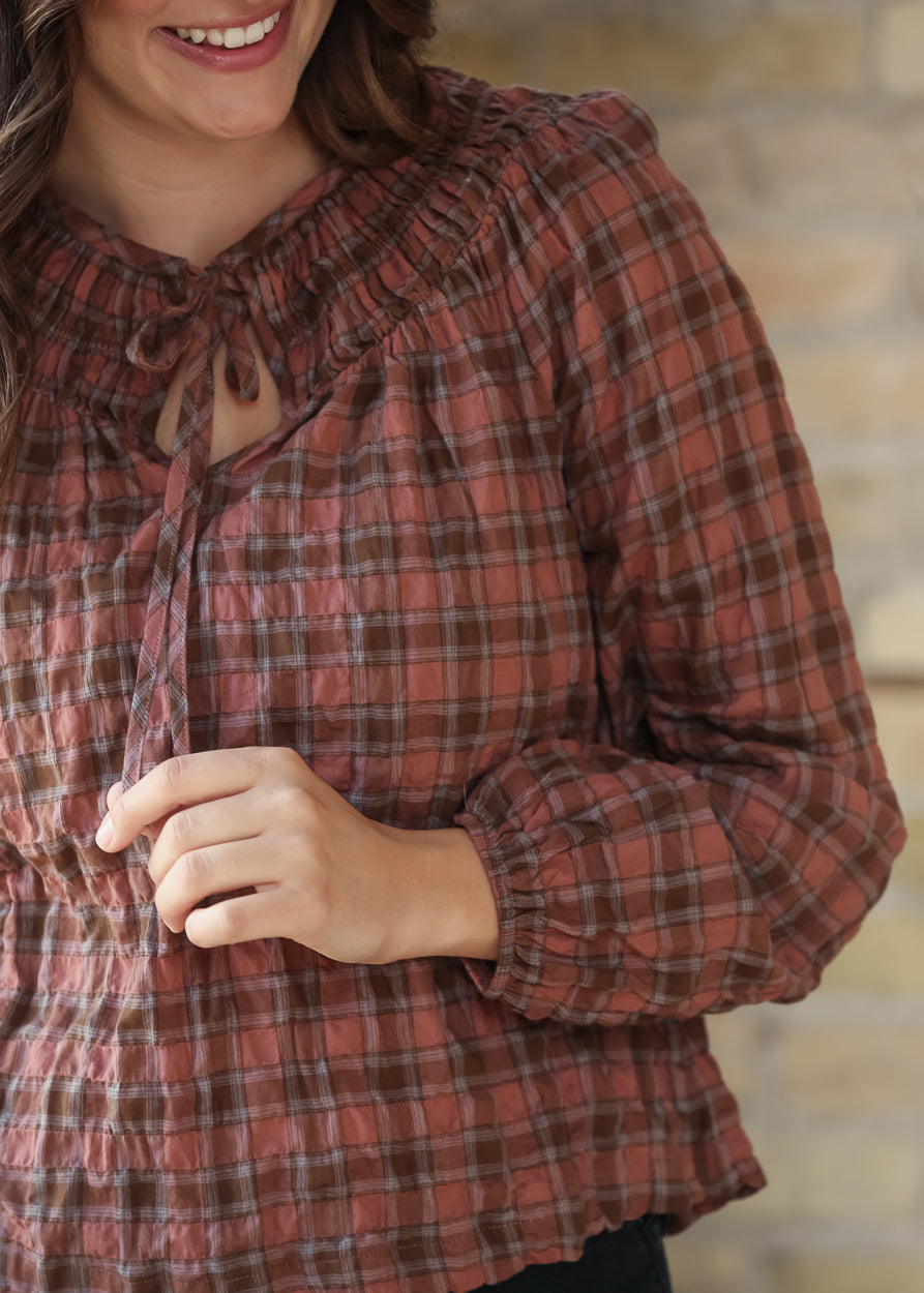 Plaid Shirred Front Tie Long Sleeve Top FF Tops