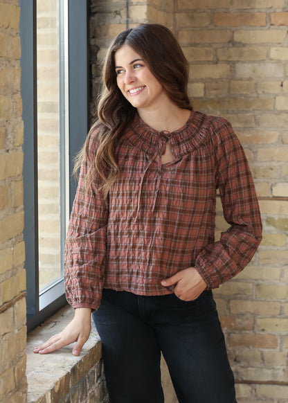 Plaid Shirred Front Tie Long Sleeve Top FF Tops
